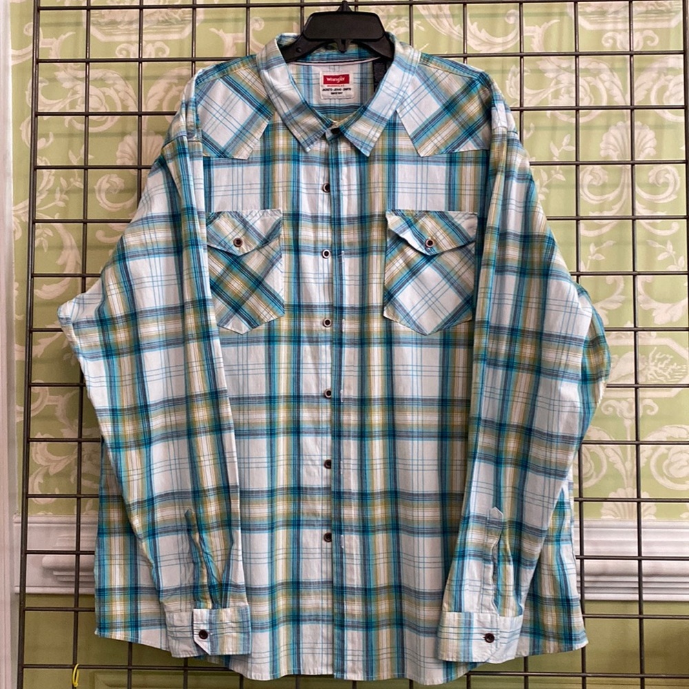 Wrangler Men's Turquoise Plaid Western Snap Shirt | Size 3XL